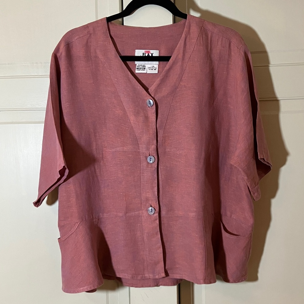 Flax Women's Rose Mauve V-neck Button-Down Shirt Size M EUC